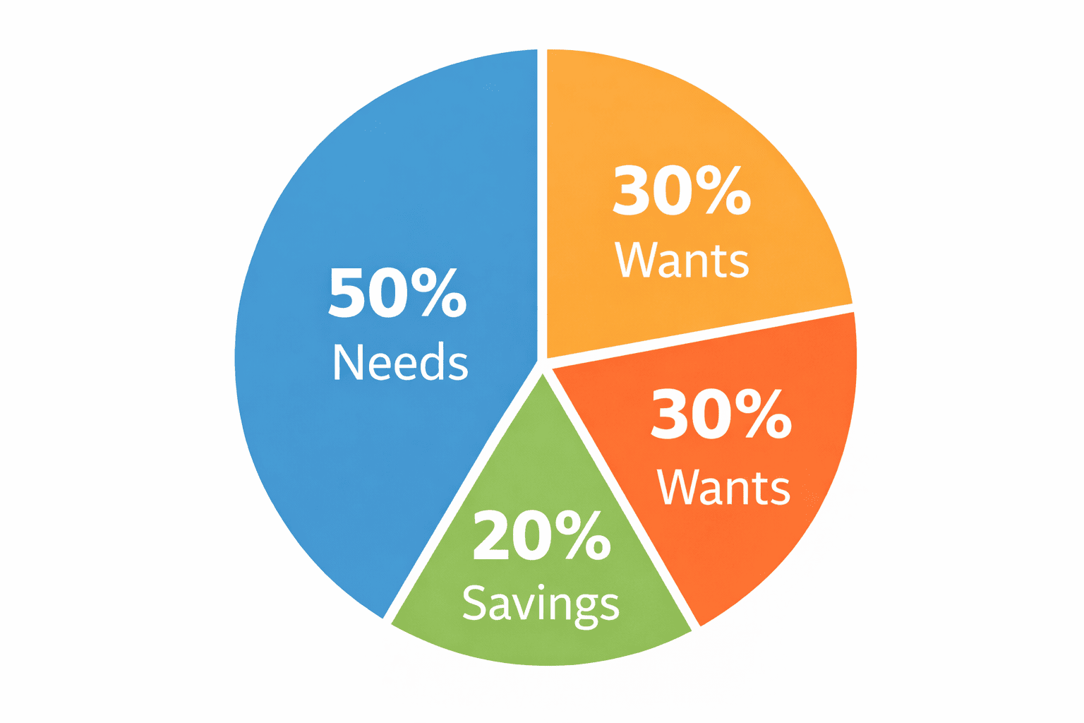 50/30/20 budgeting rule pie chart showing needs wants and savings distribution