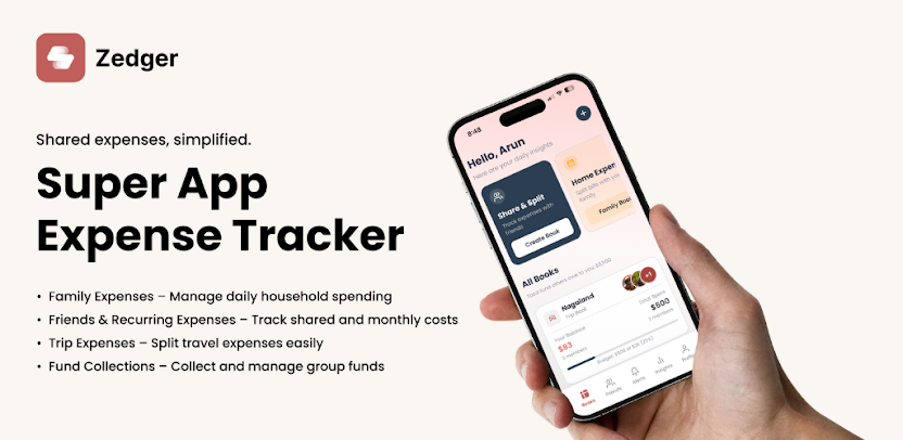 Zedger app features showing family expense tracking, trip books, and shared ledger for Indian users