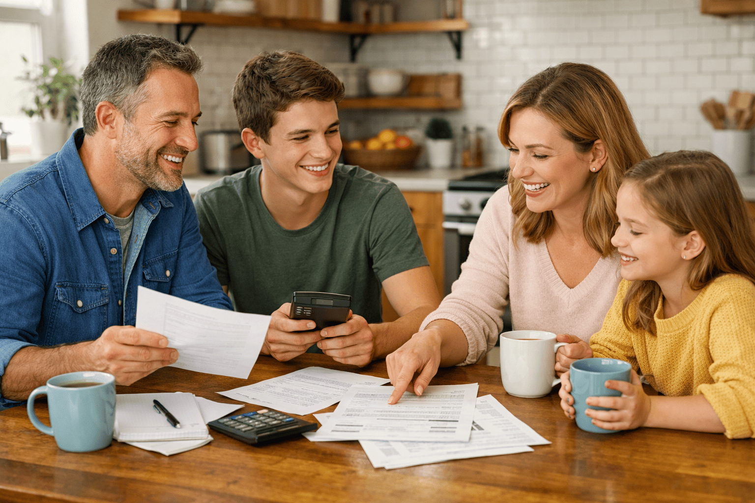 Family creating a budget plan together at kitchen table with financial documents