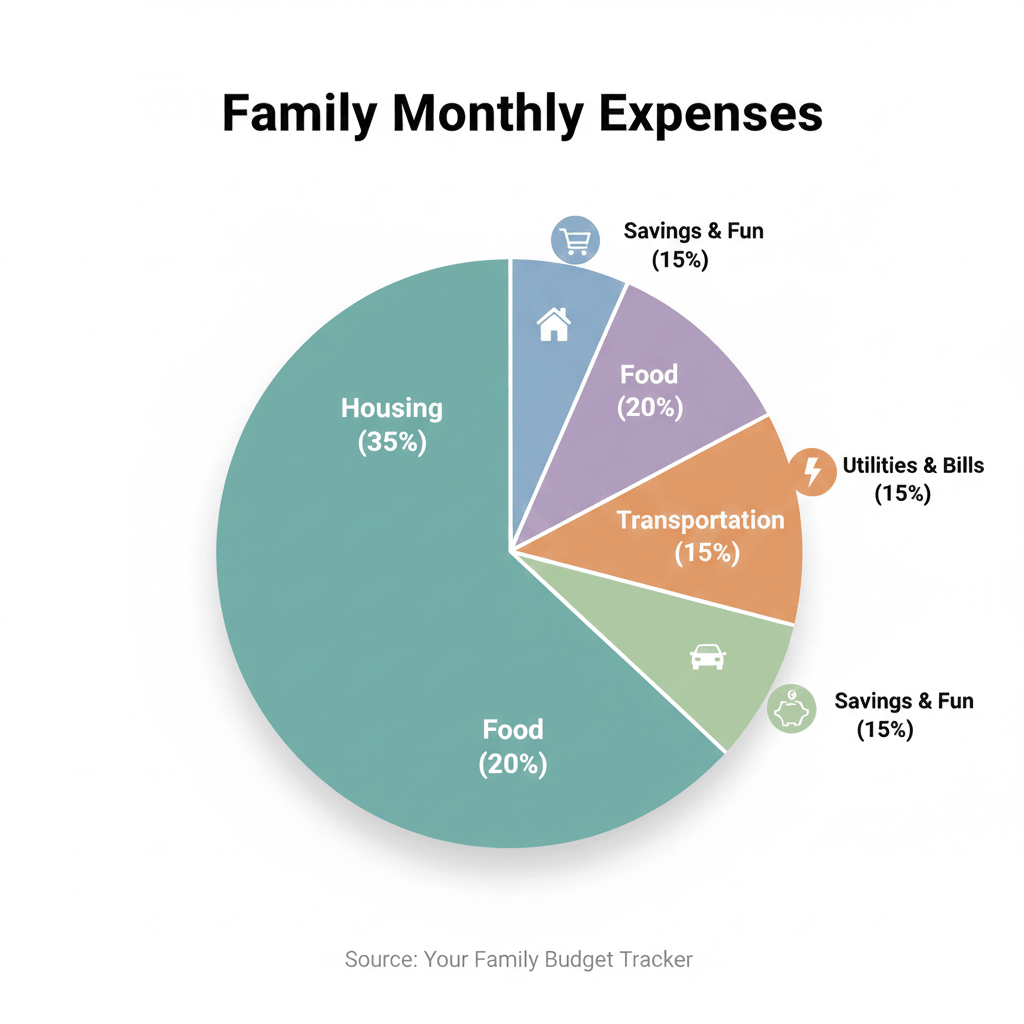 Pie chart showing typical family monthly expenses by category
