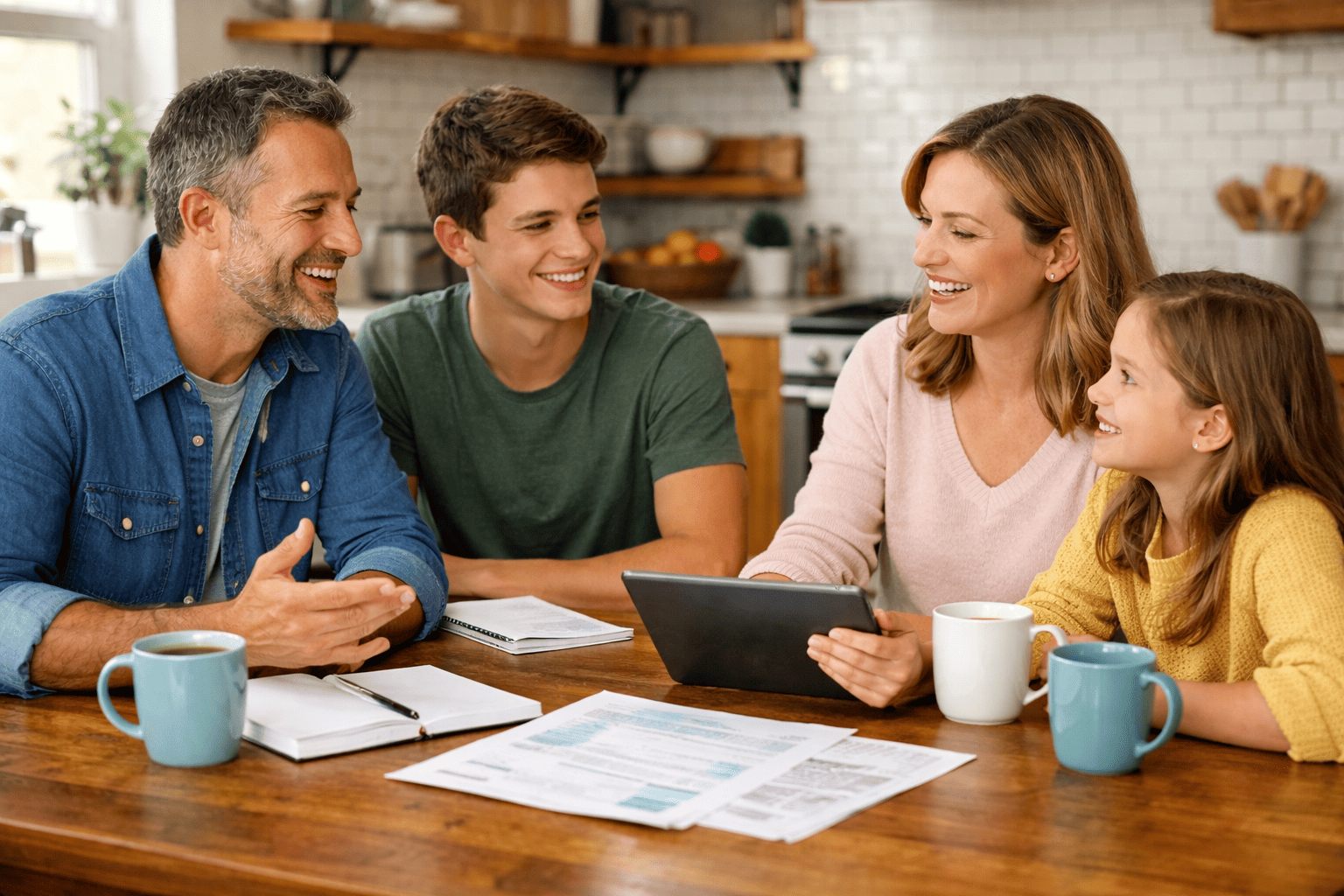 Parents discussing family budget and financial goals at home